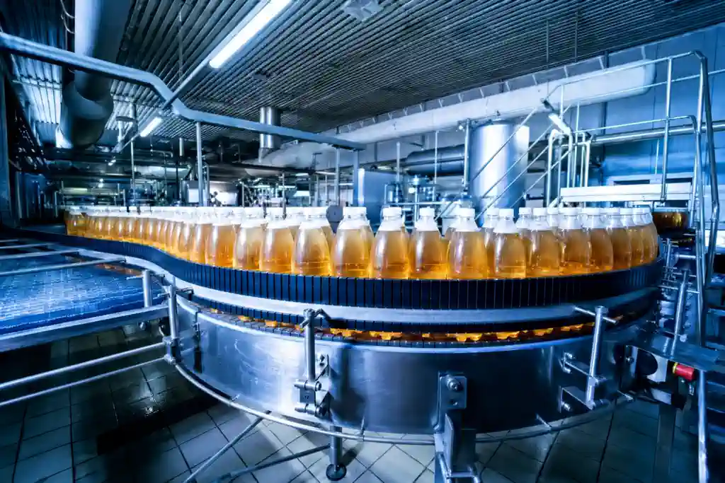 Beverage bottling production line in a food processing facility