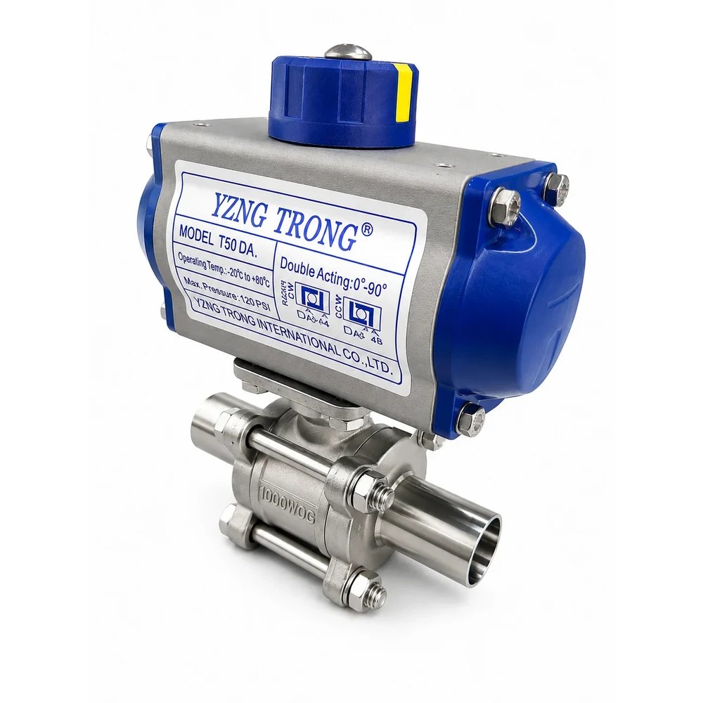 Válvula de bola neumática sanitaria de acero inoxidable 316 con actuador azul en placa de montaje ISO 5211 - YZNG TRONG