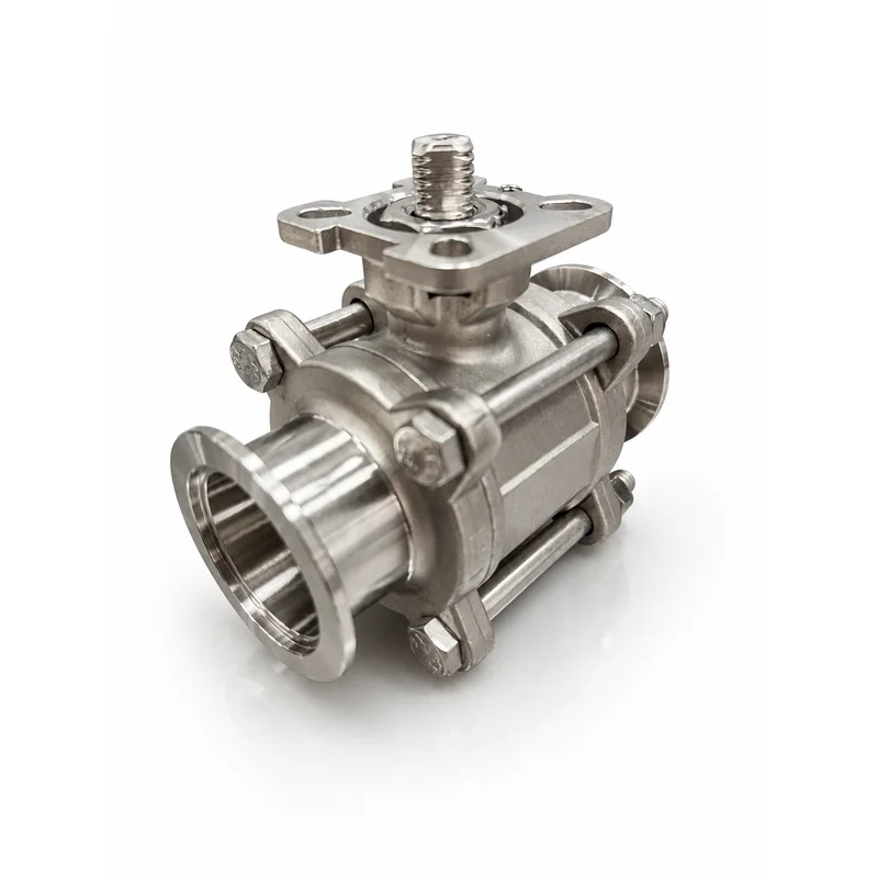 Stainless steel 3-piece vacuum ball valve with KF flange ends and ISO 5211 mounting pad