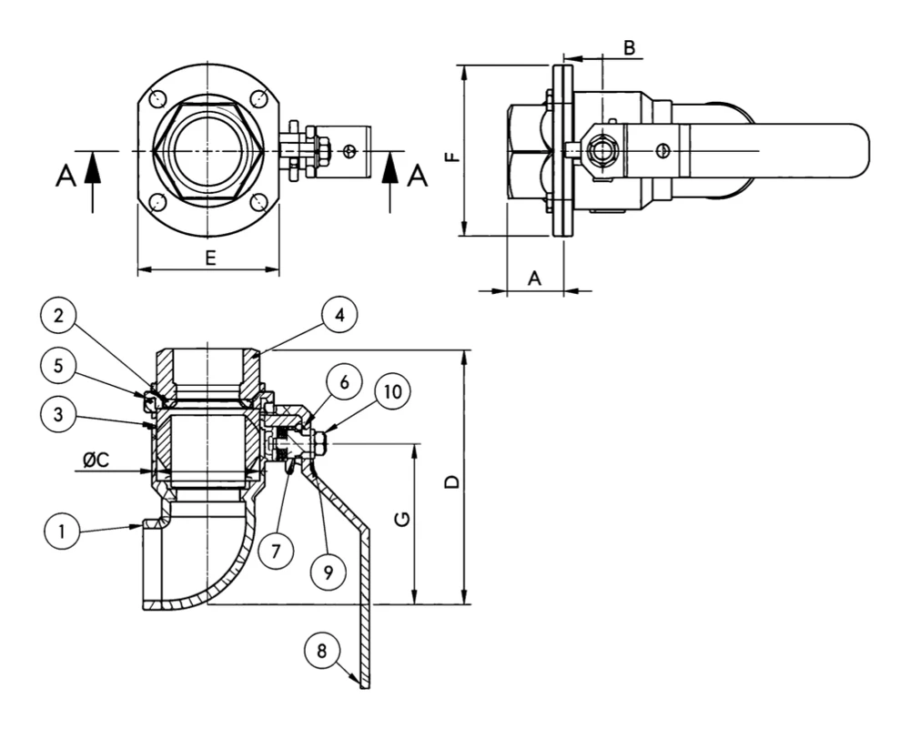 90 degree angle ball valve dimension drawing showing A, B, C, D, E, F and G - YZNG TRONG