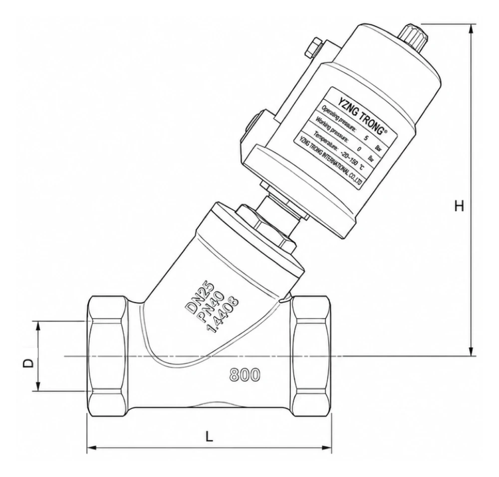 Pneumatic angle seat valve dimension drawing showing H height, D bore and L face-to-face length - YZNG TRONG 2000Y