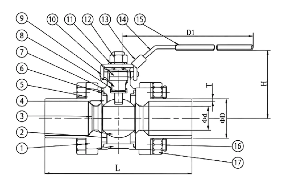 Extended butt weld ball valve dimension drawing showing L, H, D1, bore, pipe OD and wall thickness - YZNG TRONG