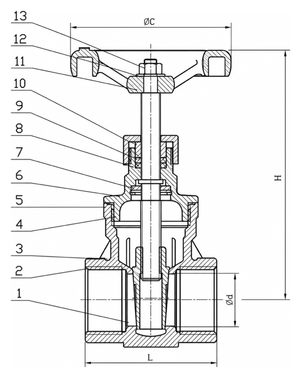 Threaded gate valve dimension drawing showing handwheel diameter C, height H, face-to-face L and bore d with numbered parts 1-13 - YZNG TRONG
