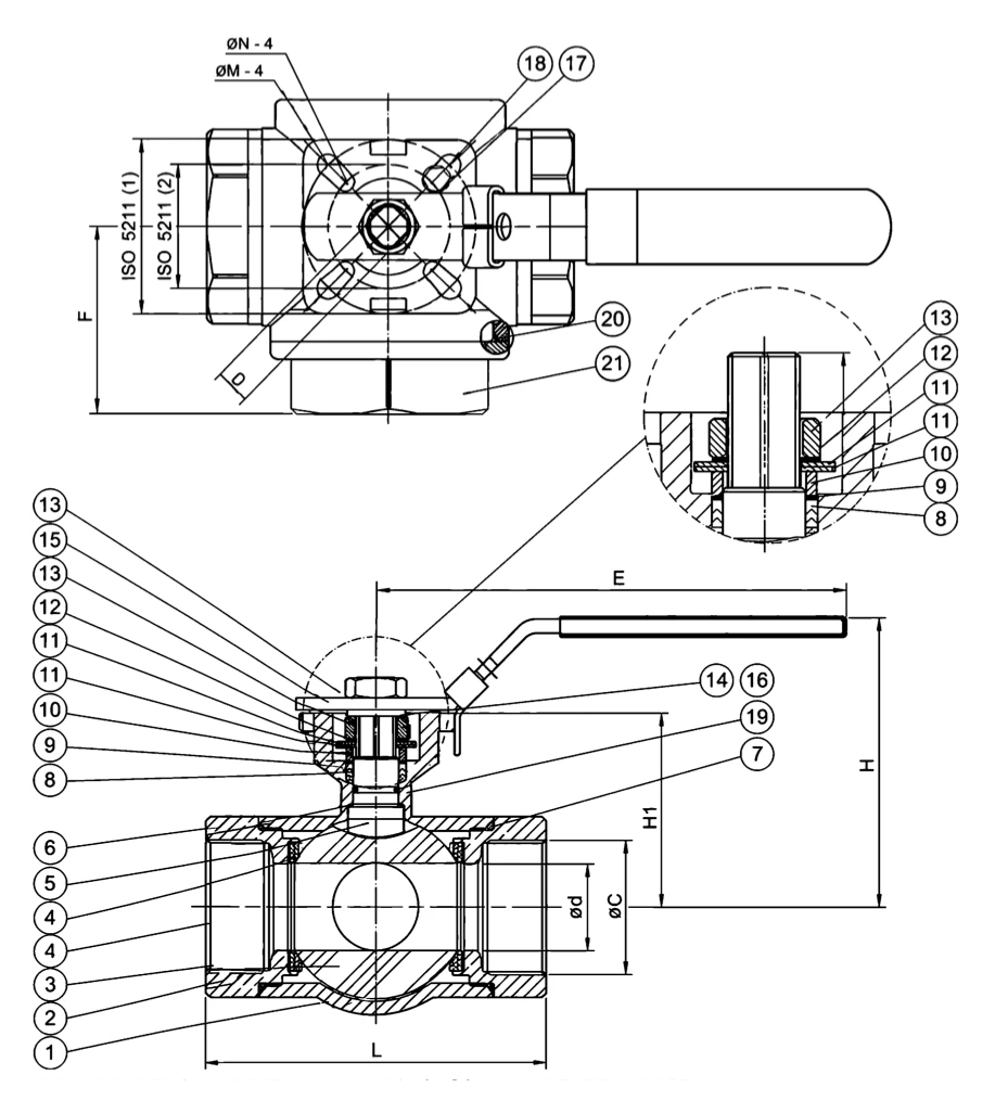 MV-3DM 3-way ball valve assembly drawing with L, H1, bore Ød and dual ISO 5211 mounting pad dimensions