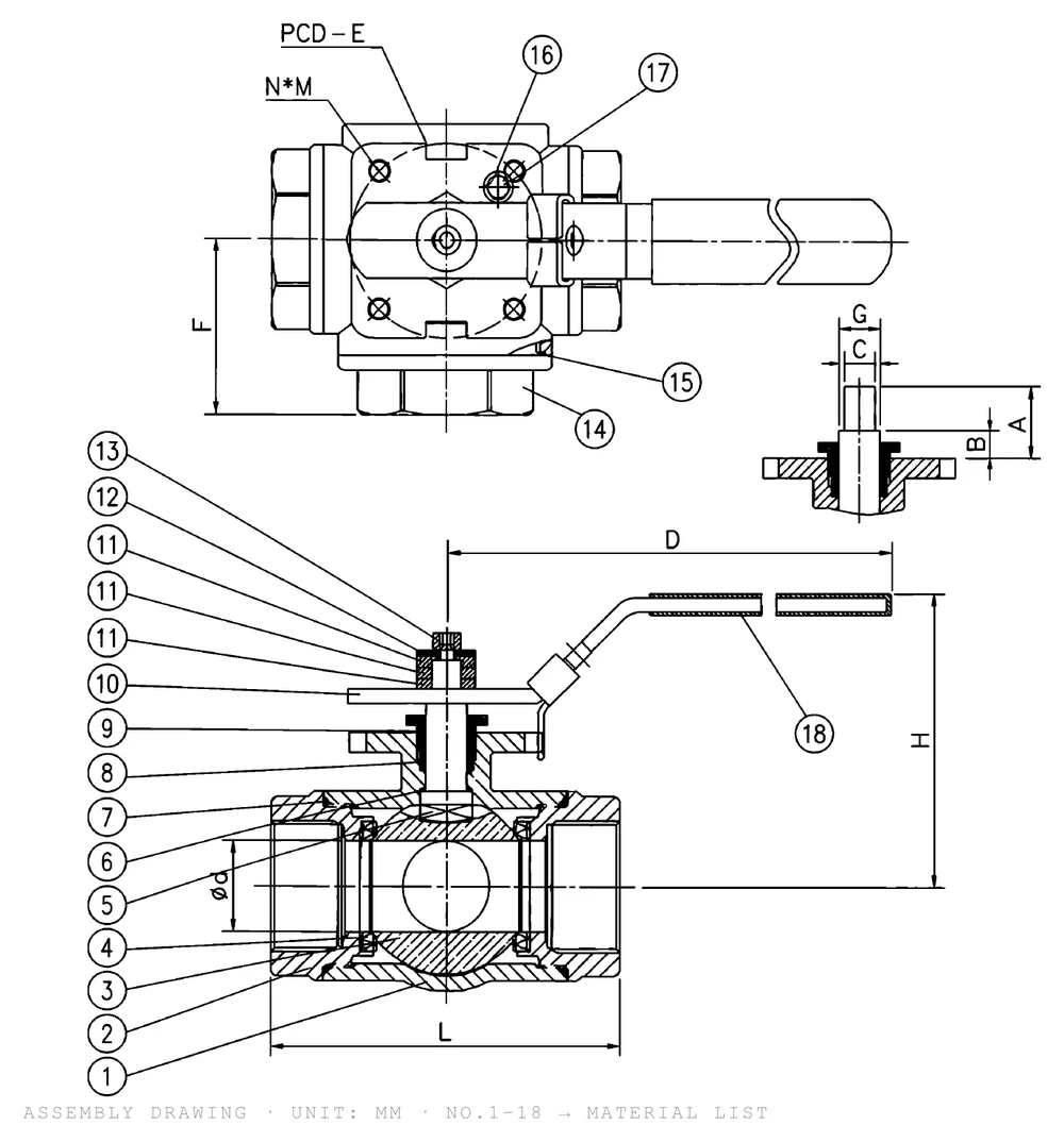 Manual 3-way ball valve assembly drawing MV-3M showing bore, L, H, handle D, F and ISO 5211 pad with parts 1-18 - YZNG TRONG