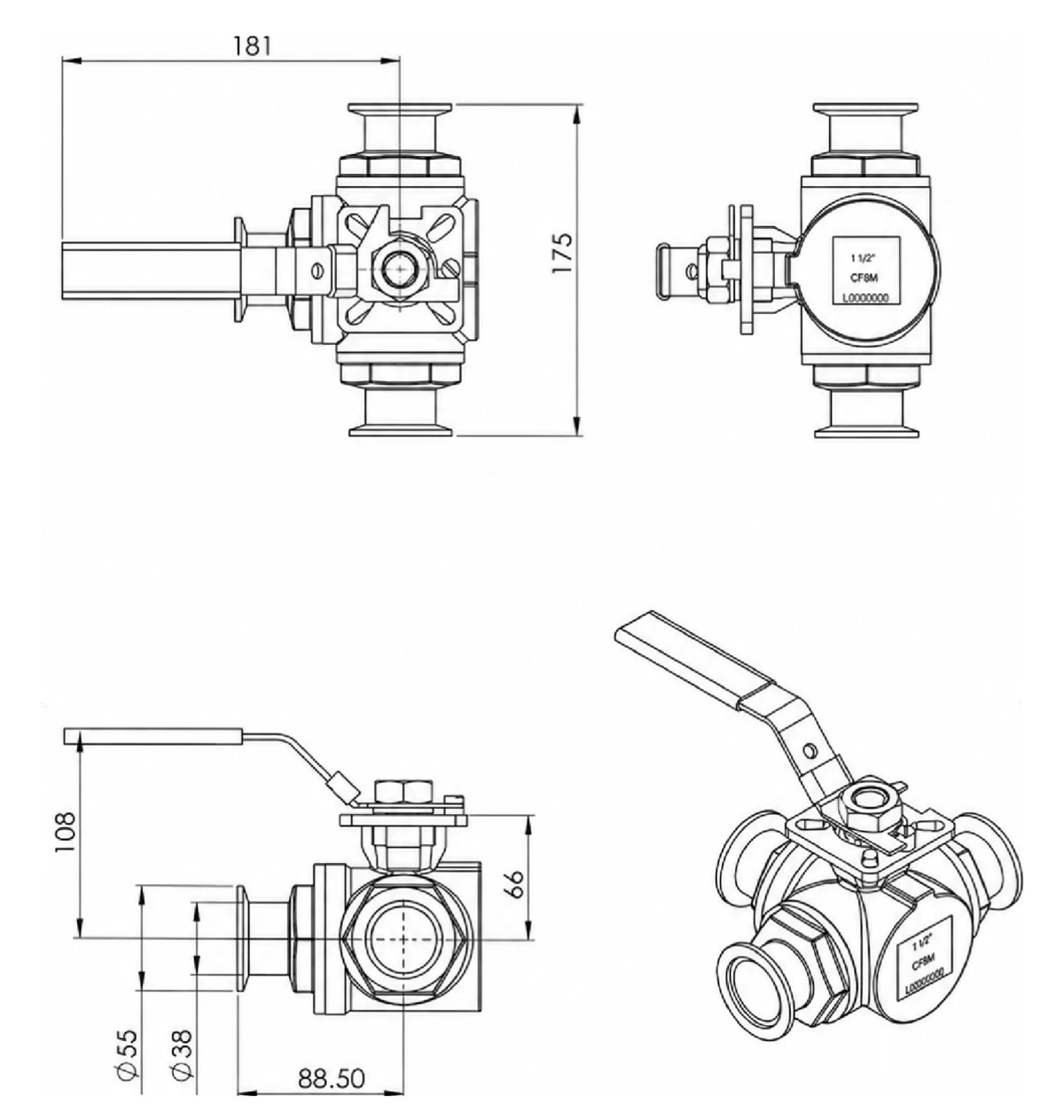 NW40 3-way vacuum ball valve dimension drawing showing NW40 KF flanges, length 181, width 175, center distance 88.5 and bore 38 with L/T port body - YZNG TRONG