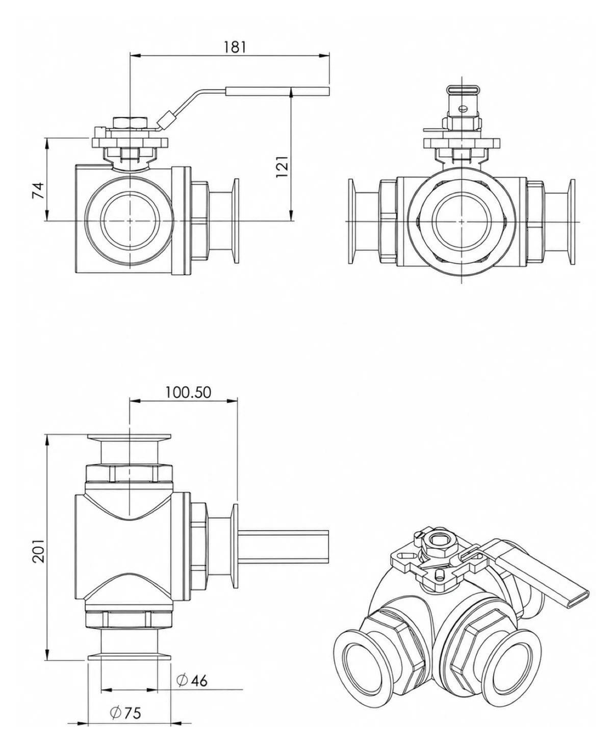 NW50 3-way vacuum ball valve dimension drawing showing NW50 KF flanges, length 181, width 201, center distance 100.5 and bore 46 with L/T port body - YZNG TRONG