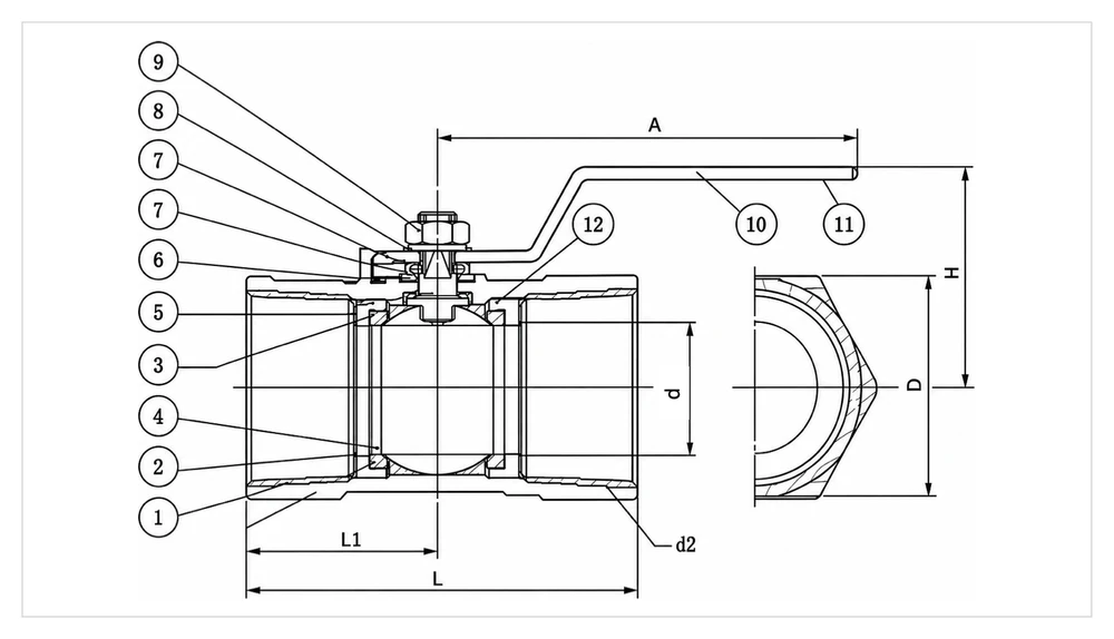 One-piece ball valve dimension drawing, female x female threaded, showing L, L1, A, H, D and bore diameter - YZNG TRONG
