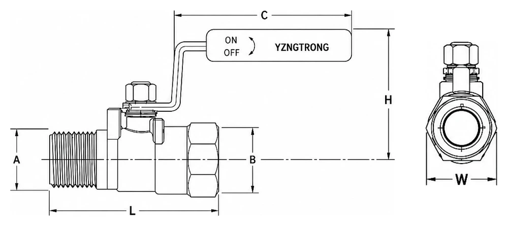 One-piece ball valve dimension drawing, male x female threaded, showing A, B, C, L, H and W - YZNG TRONG