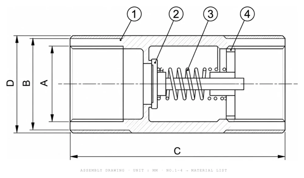 One-piece silent check valve dimension drawing showing spring and piston with A, B, C, D and numbered parts 1-4 - YZNG TRONG