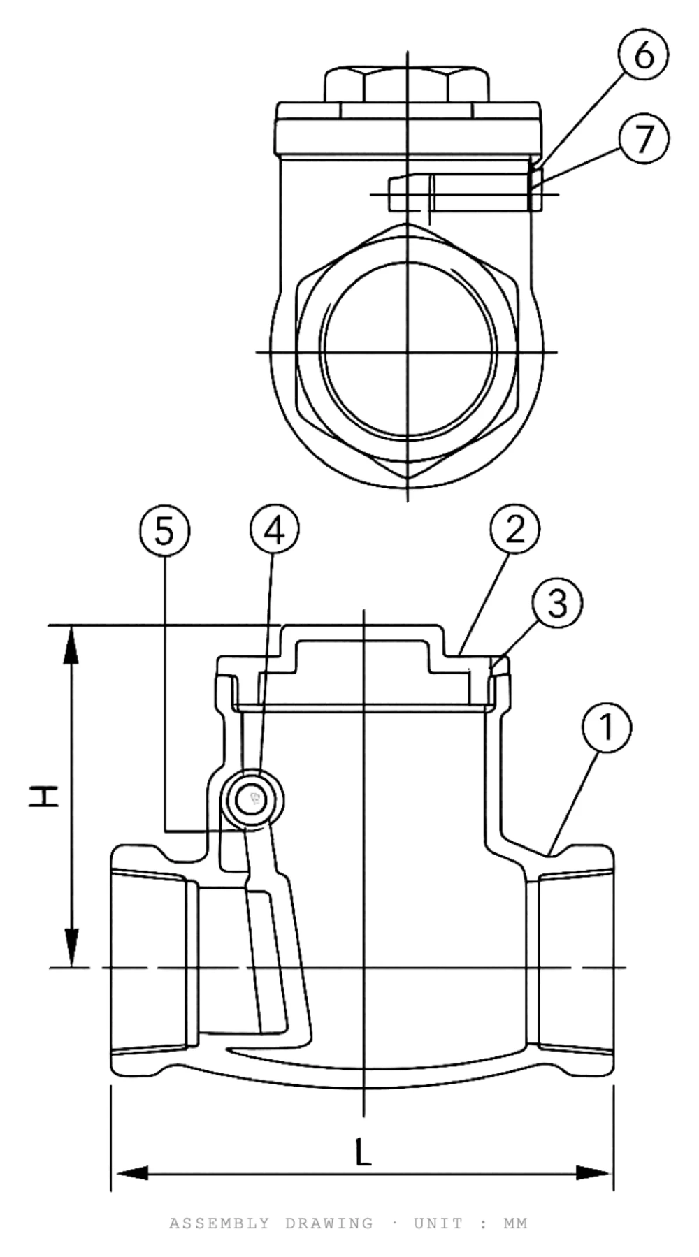 Swing check valve dimension drawing showing H and L with numbered parts 1-7 including body, cap and hinged disc - YZNG TRONG