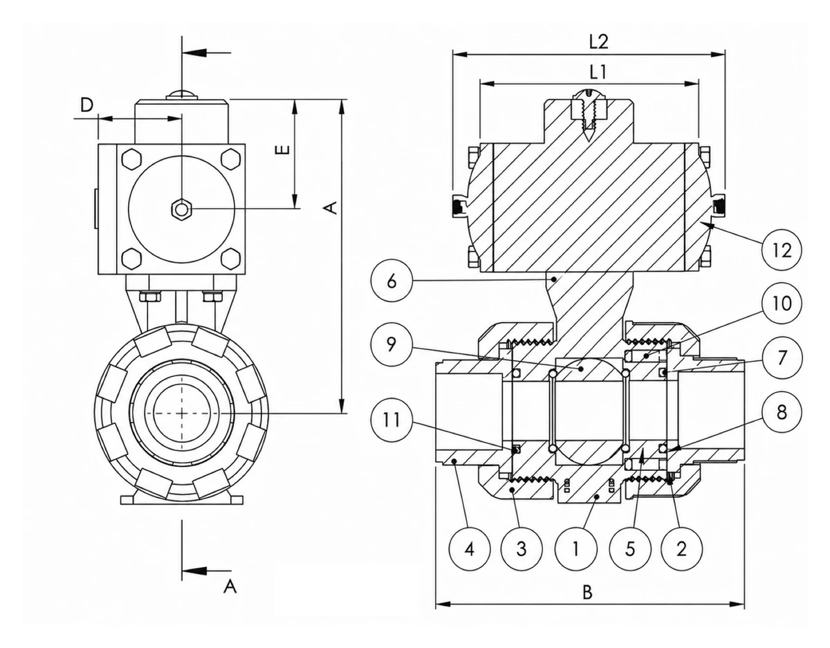 UPVC pneumatic double union ball valve dimension drawing showing actuator height A, length B, union L1 L2 with numbered parts 1-12 - YZNG TRONG