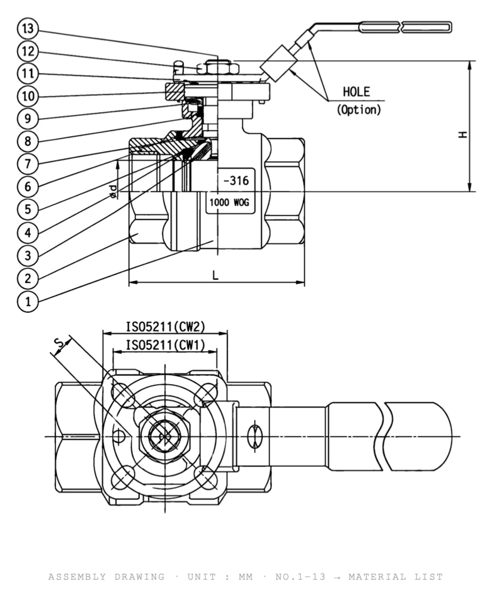 Two-piece direct mount ball valve dimension drawing showing bore D, length L, height H and ISO 5211 pad W1 W2 with numbered parts 1-13 - YZNG TRONG