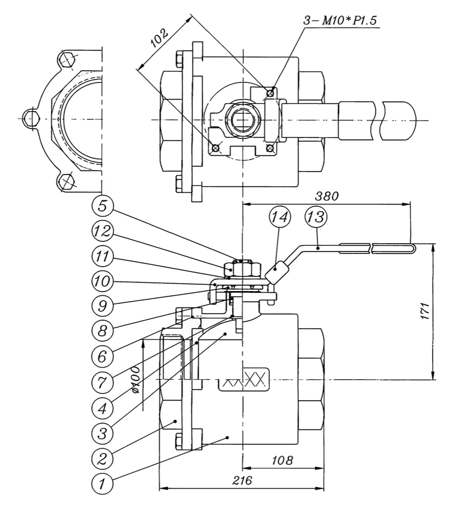 4 inch 2-piece stainless steel ball valve assembly drawing with bolted end-cap, Ø100 full bore and ISO-style top mounting pad 3-M10 × P1.5 - YZNG TRONG V-2B 4″
