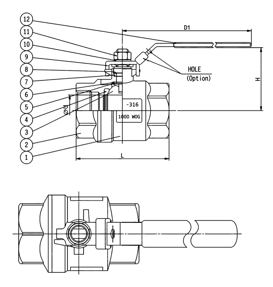 2-piece F×F stainless steel ball valve assembly drawing showing dimensions L, H, D1 and bore ØD with numbered parts - YZNG TRONG V-2B