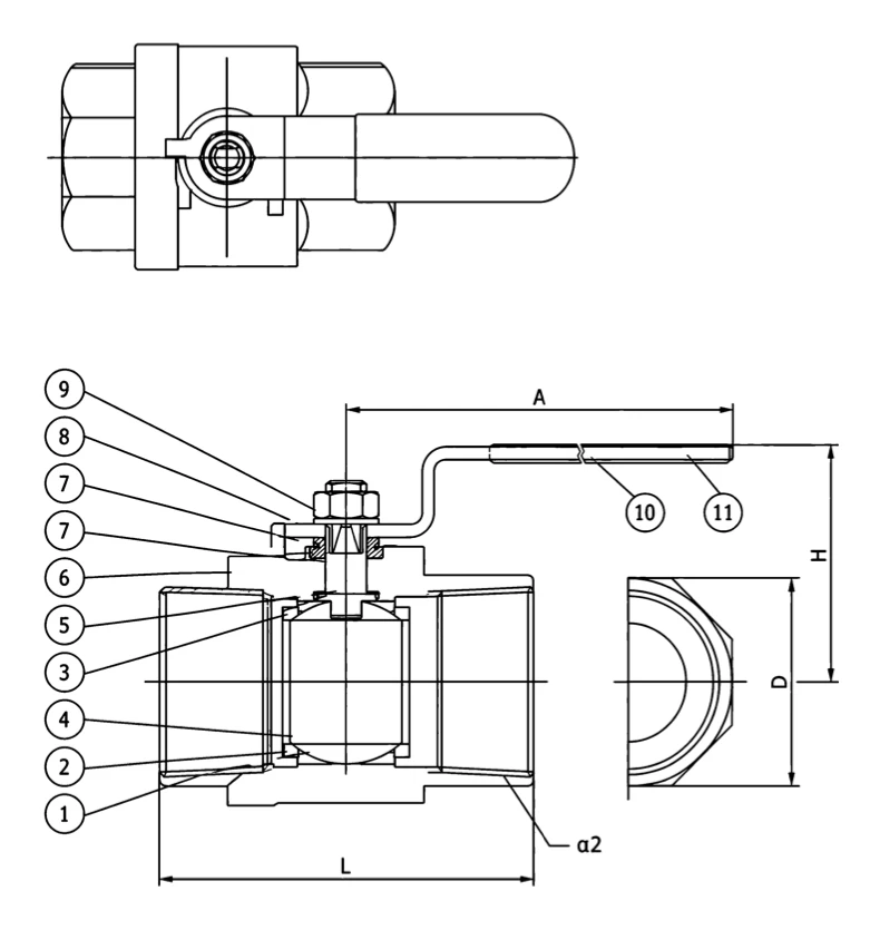 2-piece F×F stainless steel ball valve assembly drawing showing dimensions A, D, L and H with numbered parts - YZNG TRONG V-2C