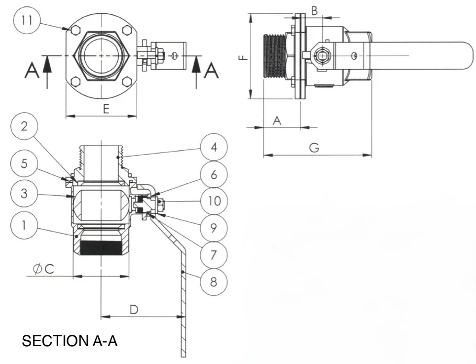 V-2D-MF SS304 male x female full port ball valve dimension drawing with A to G measurements