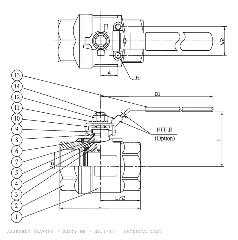 Two-piece high pressure ball valve dimension drawing showing bore d, body length L, height H, handle length D1 and mounting pad with numbered parts 1-14 - YZNG TRONG