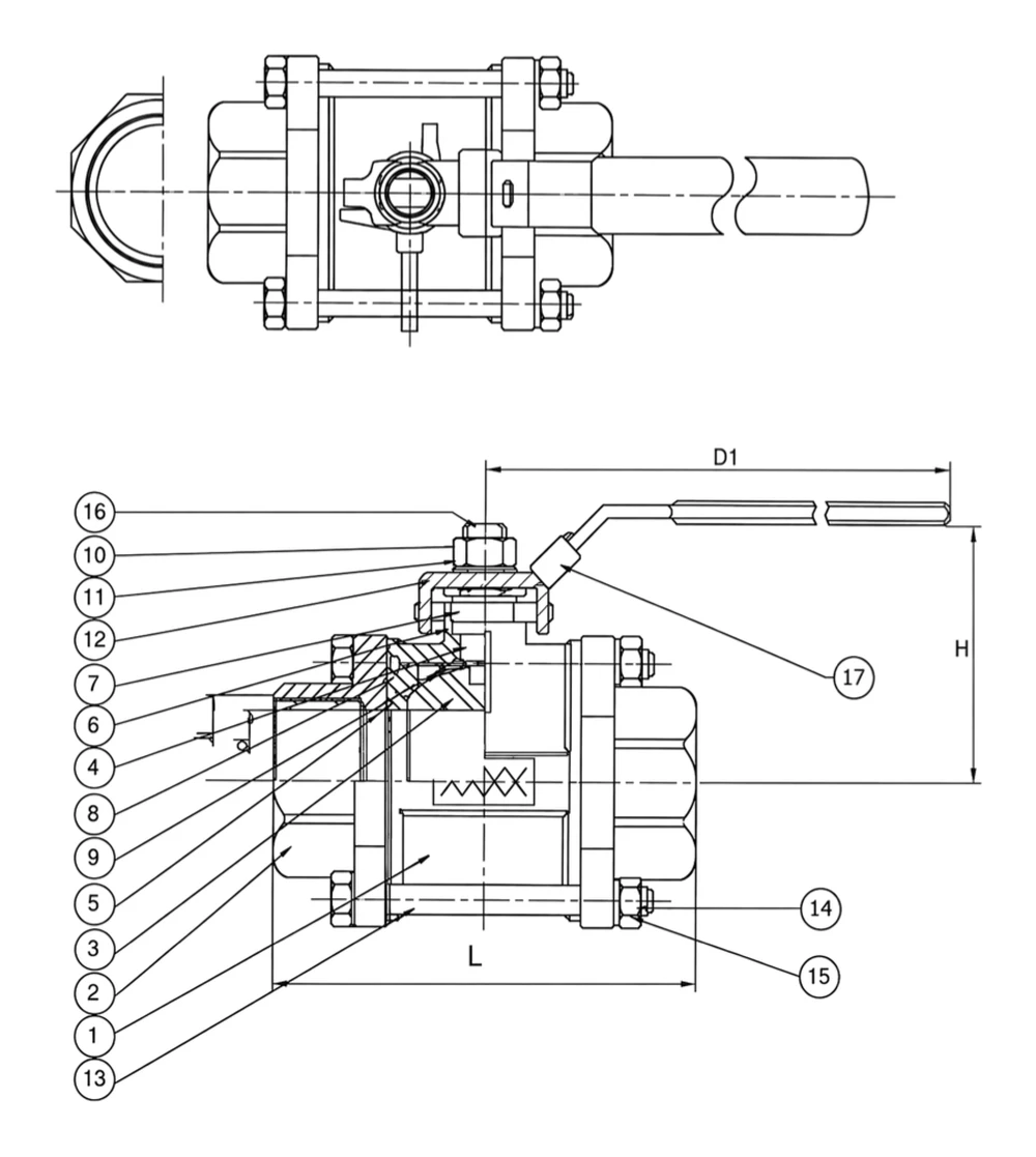 3-piece ball valve assembly drawing V-3A showing bore, L, H and handle D1 with parts 1-17 - YZNG TRONG