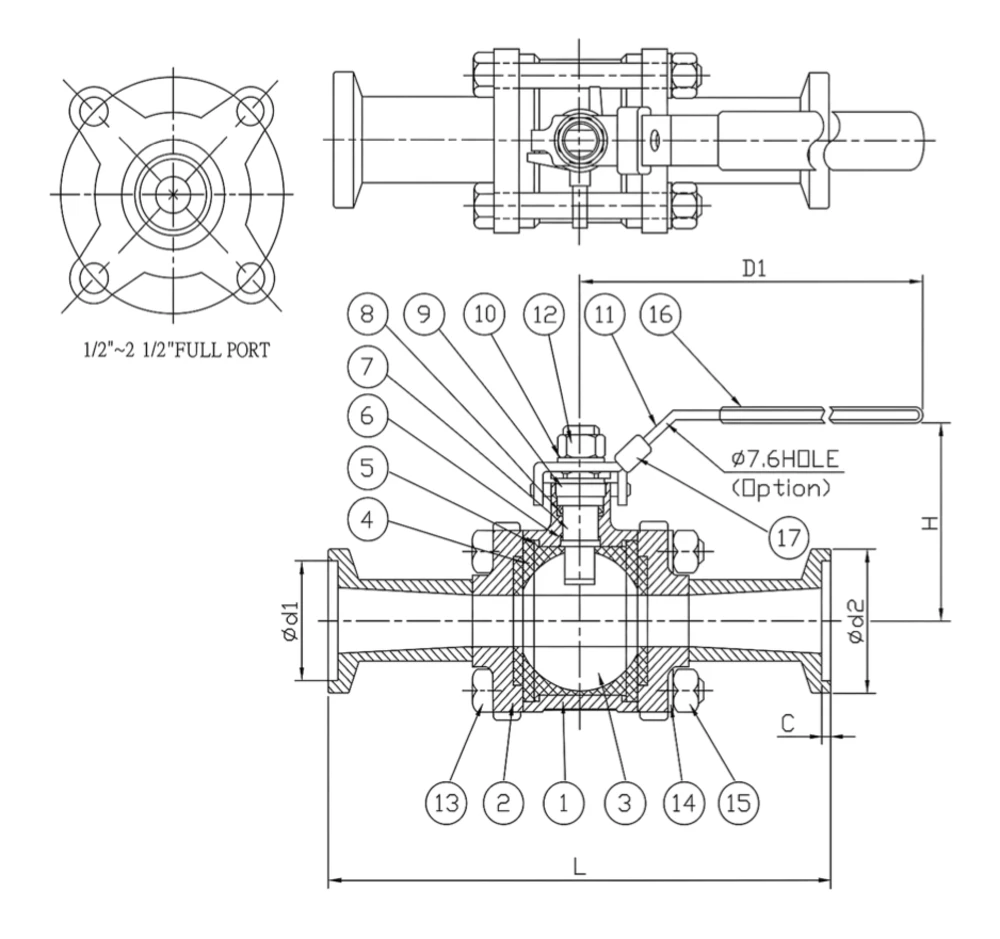 Three-piece vacuum ball valve dimension drawing showing KF flange, bore d1, flange d2, height H and face-to-face L with numbered parts 1-17 - YZNG TRONG