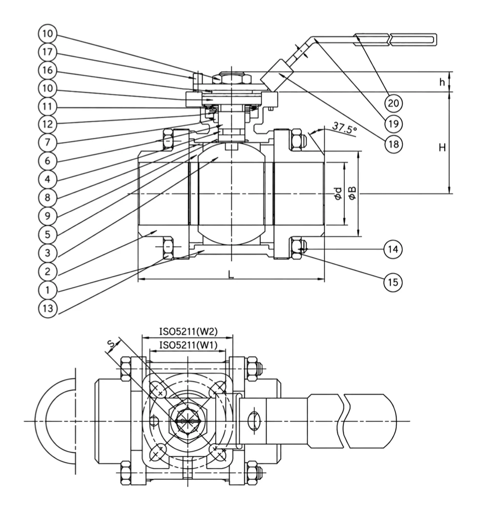 V-3AM butt weld and socket weld 3-piece ball valve assembly drawing with ISO 5211 mounting pad and dimension letters L, H, Ød, B