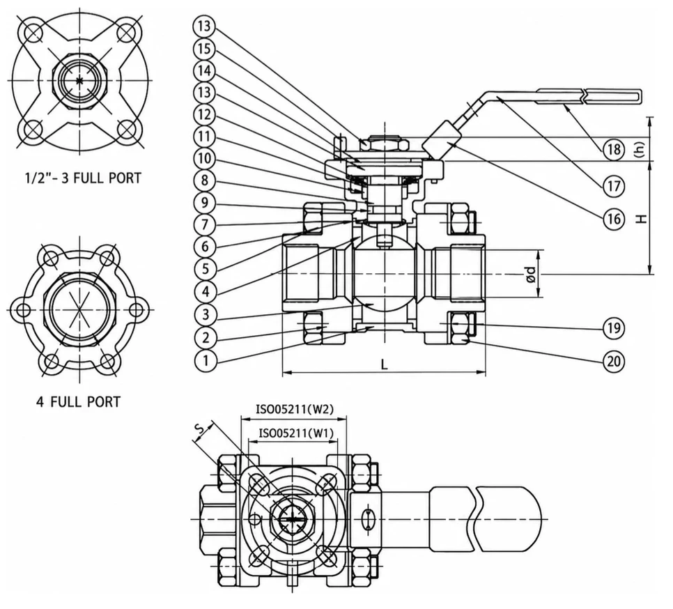 V-3AM PT 3-piece air actuated ball valve assembly drawing with ISO 5211 mounting pad and dimension letters L, H, Ød, W1, W2