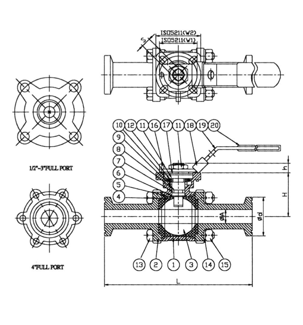High-mount sanitary ball valve dimension drawing showing ISO 5211 pad W1 W2, height H, pad height h and bore A with numbered parts 1-20 - YZNG TRONG