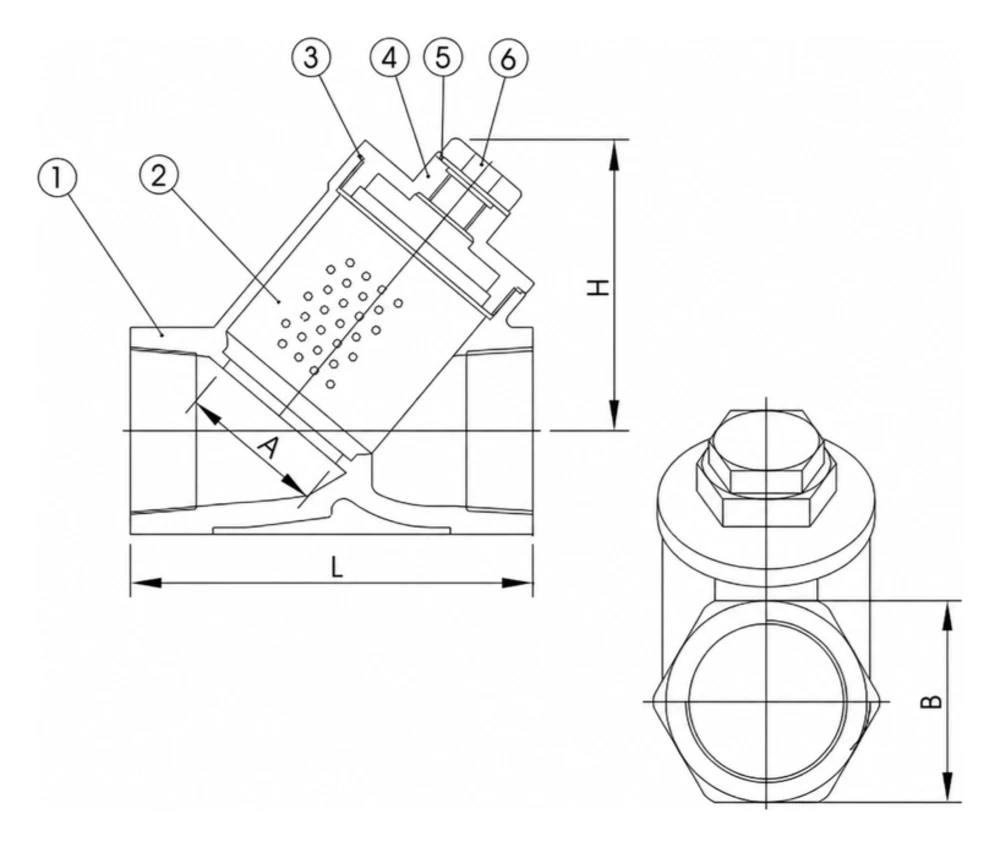 Y strainer dimension drawing showing A, B, H and L with parts 1-6 including screen and blow off plug - YZNG TRONG