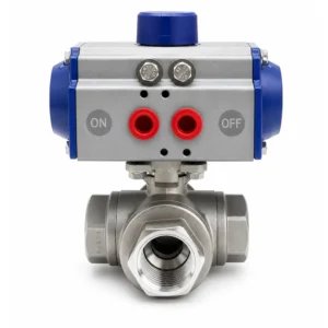 Vanne à bille pneumatique à 3 voies, en acier inoxydable 316 avec raccord en L ou en T et actionneur pneumatique à crémaillère, 1 000 WOG