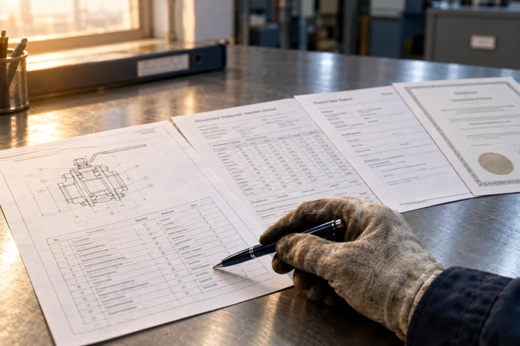 Gloved hand pointing a pen at the parts list on a valve dimension sheet, with a material test report, a test statement and a certificate fanned out on a steel desk