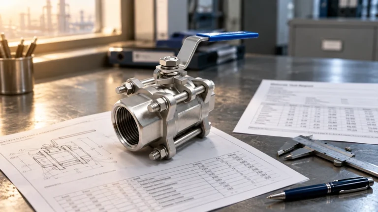 Three-piece stainless steel ball valve standing on a printed dimension sheet, next to a material test report, a vernier caliper and a pen on a steel workbench