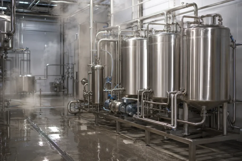 CIP cleaning station with stainless steel tanks in a food processing plant
