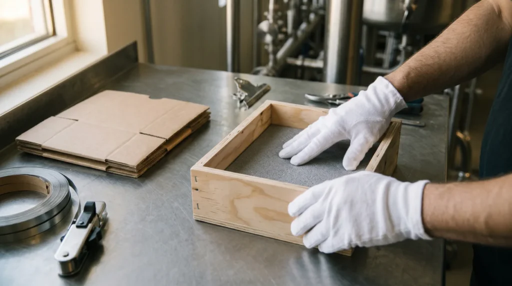 Gloved hands fitting a foam insert into a plywood export crate beside a carton and steel strapping