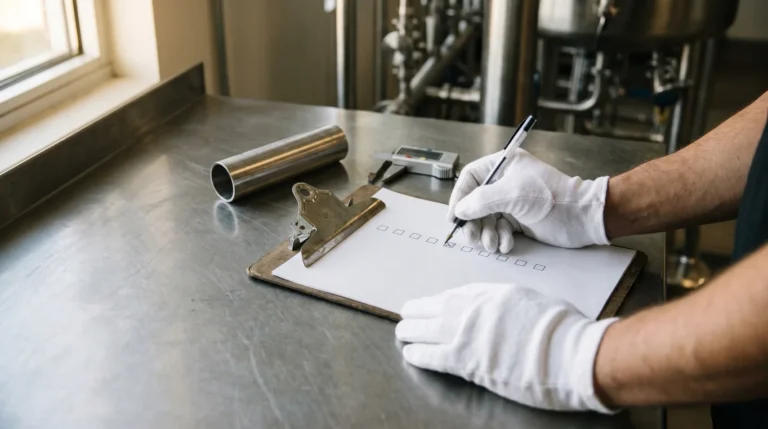 Gloved hands ticking a hygienic ball valve RFQ checklist on a clipboard beside a stainless tube sample and a caliper