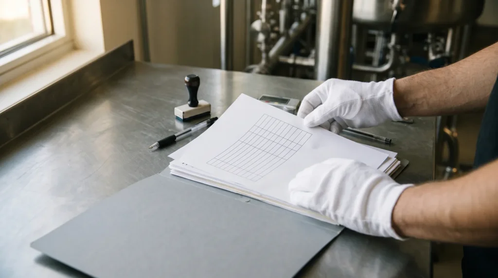 Gloved hands leafing through certificates and shipping documents in a folder on a stainless steel workbench