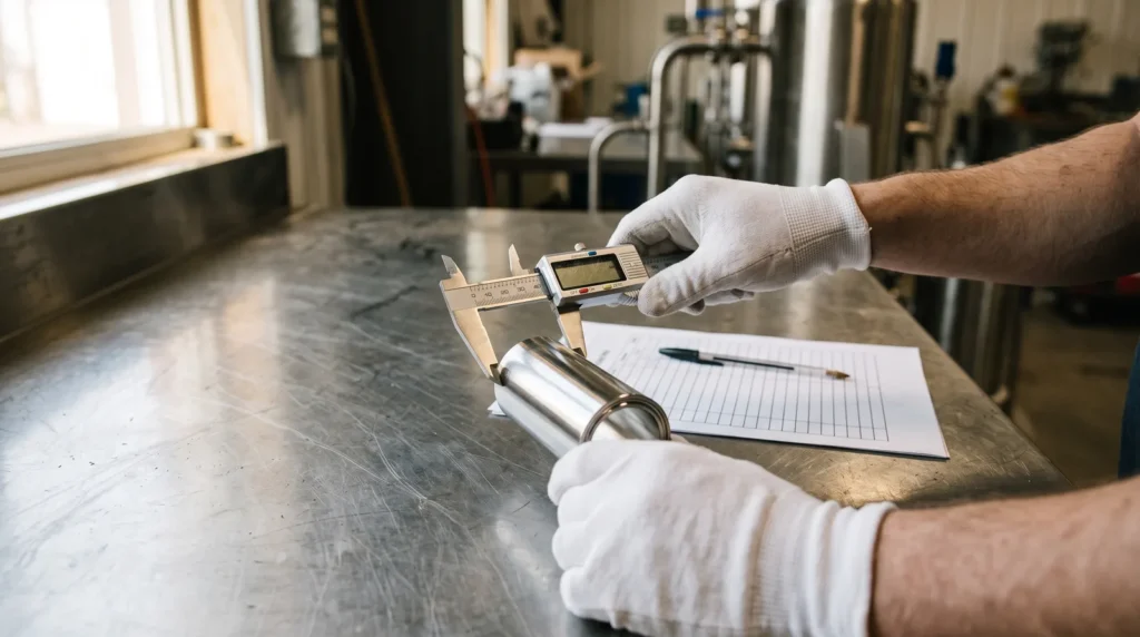 Gloved hands measuring the outside diameter of a stainless steel sanitary tube with a digital caliper