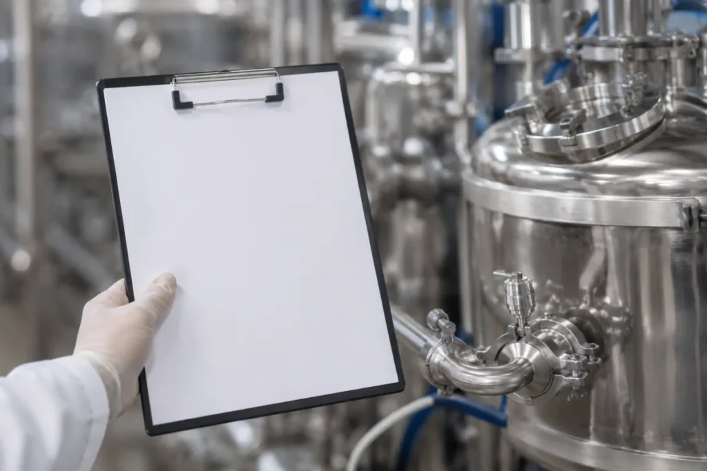 Technician holding an inspection checklist beside hygienic processing equipment