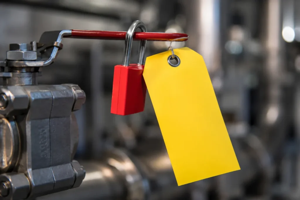 Lockout tagout applied before 3-piece ball valve maintenance