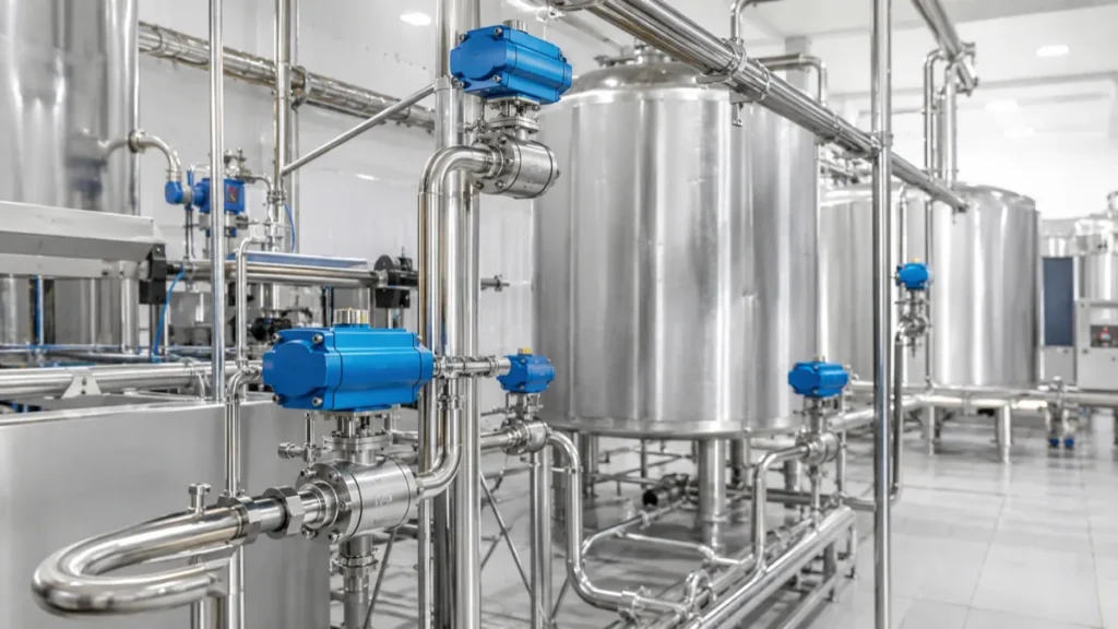 Stainless steel pneumatic actuated ball valves on sanitary piping in a food processing plant