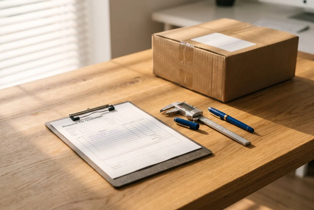 Request for quotation form on a clipboard with a digital caliper, pens and a sealed shipping carton on an oak workbench in morning light