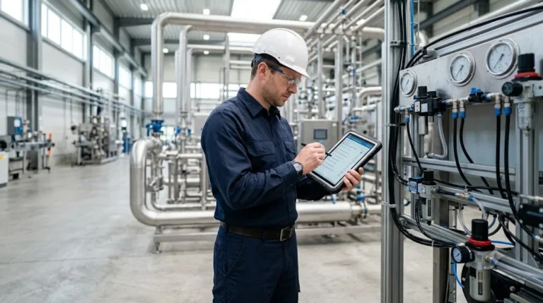 Ingénieur vérifiant un tableau de commande pneumatique lors de la mise en service d'un système d'automatisation des vannes