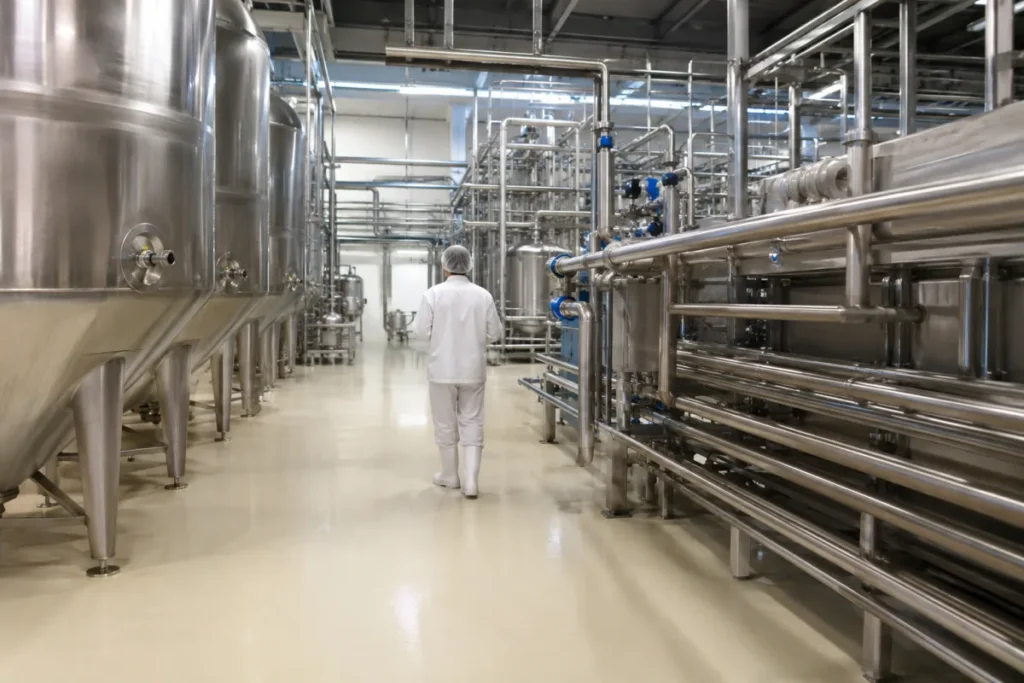 Hygienic stainless steel processing lines in a food plant