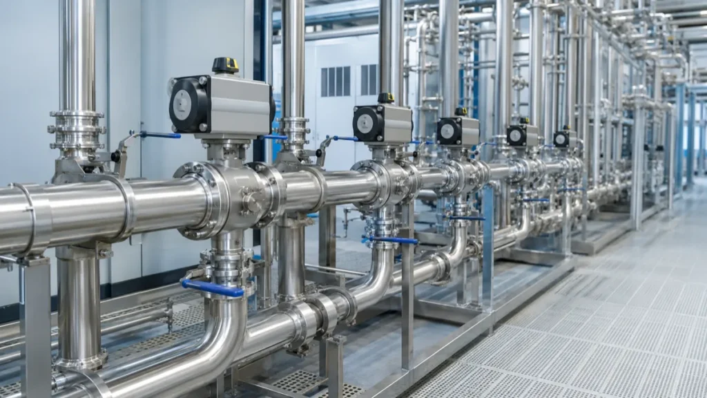 Stainless steel ball valves with pneumatic actuators on semiconductor facility piping