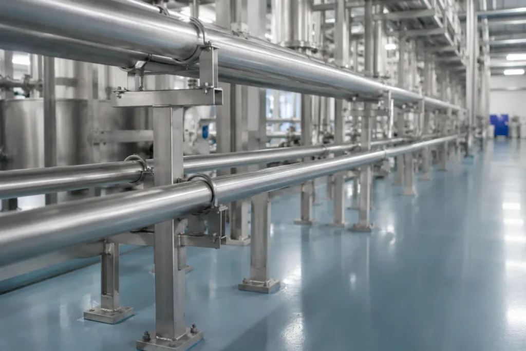 Supported stainless steel process piping in an industrial plant