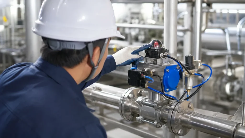 Technician checking the position indicator on a pneumatic actuated ball valve