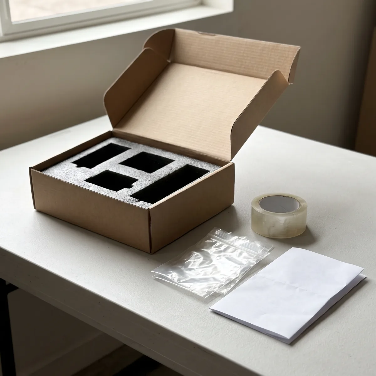 Open cardboard shipping box with grey foam inserts, clear resealable bags and a roll of packing tape on a workbench