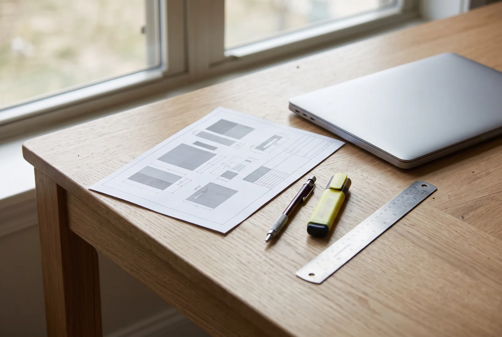Printed specification sheet, pencil, highlighter and steel ruler on a light wood desk beside a closed laptop