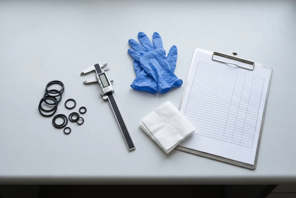 Black O-rings, a digital caliper, nitrile gloves and a blank inspection form laid out on a light grey workbench