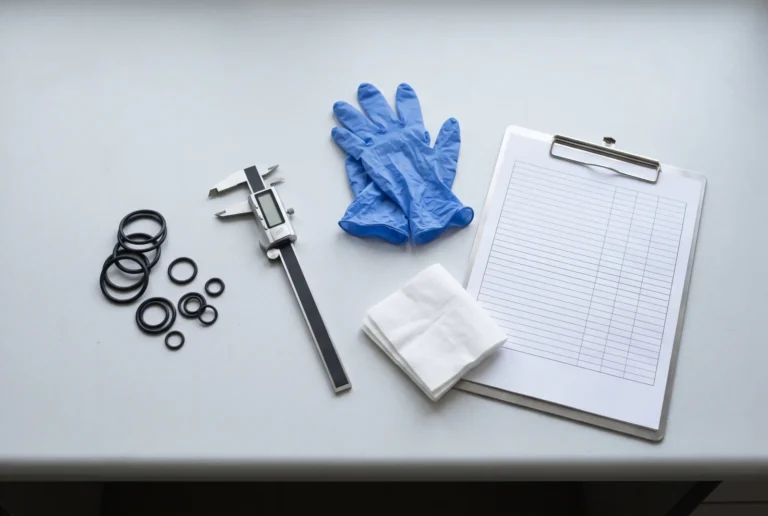 Black O-rings, a digital caliper, nitrile gloves and a blank inspection form laid out on a light grey workbench