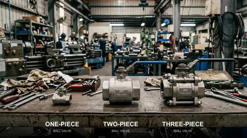 One-piece, two-piece and three-piece stainless steel ball valves on a factory workbench